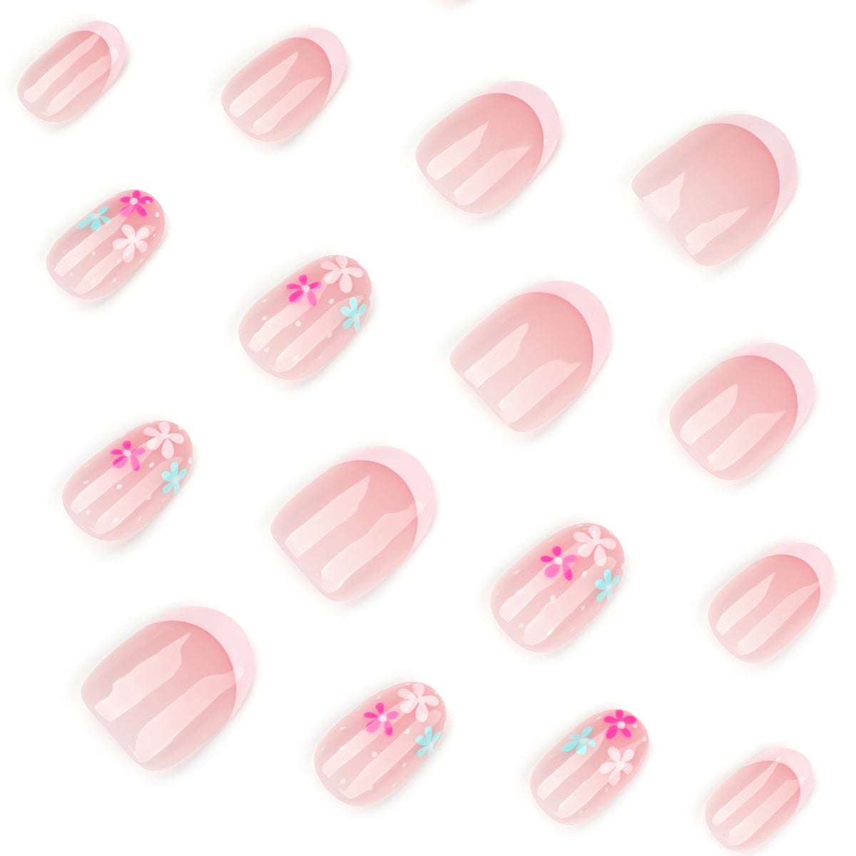 Kunstvolle Nagelverlängerungen mit bunten Blütenmotiven und Glitzer Brehn