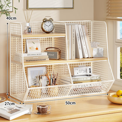 Doppel-Tier-Mesh-Metall-Schreibtisch-Organizer mit Holzregalen