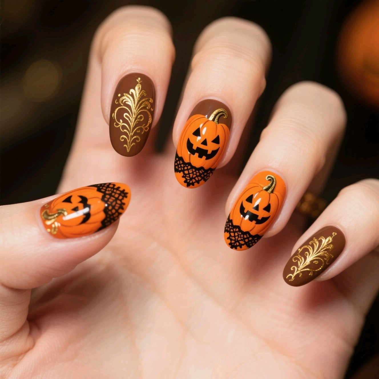 Halloween Kunstnägel mit Gruseligem Kürbis-Design Brehn