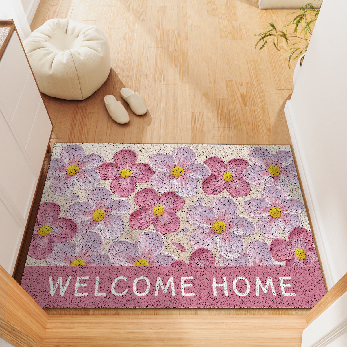 Absorbent Anti-Slip Indoor Entrance Doormat with Retro Yellow Gerbera Print and 'Welcome Home' Typography