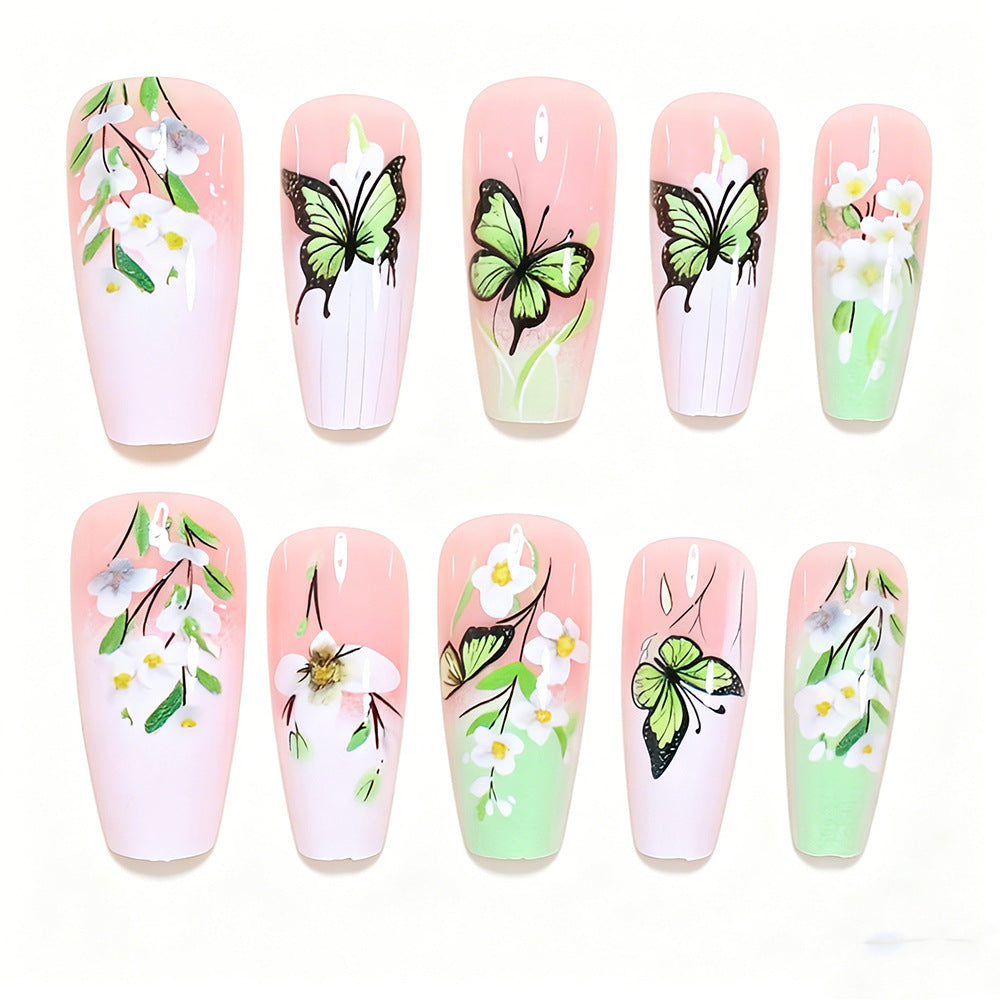Künstlerisches Schmetterlings- und Blumen-Press-On-Nagelset Brehn