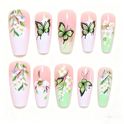 Künstlerisches Schmetterlings- und Blumen-Press-On-Nagelset Brehn