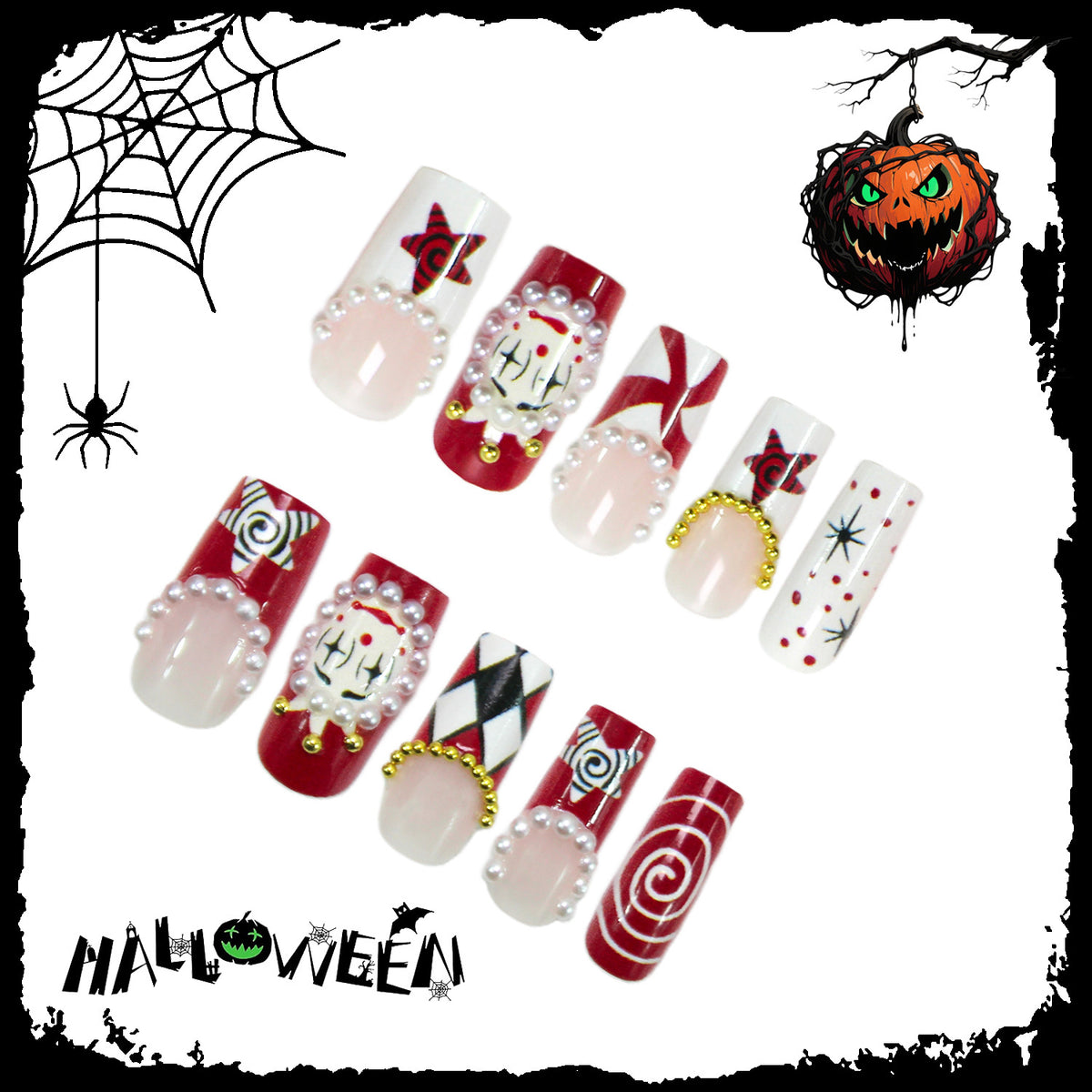 Kunstnagelset mit kreativen Horror-Mustern und glamourösen 3D-Verzierungen Brehn