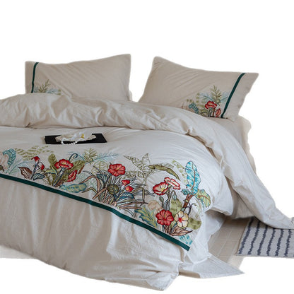 Besticktes Botanisches Luxus Bettwäsche-Set mit Kissenbezügen