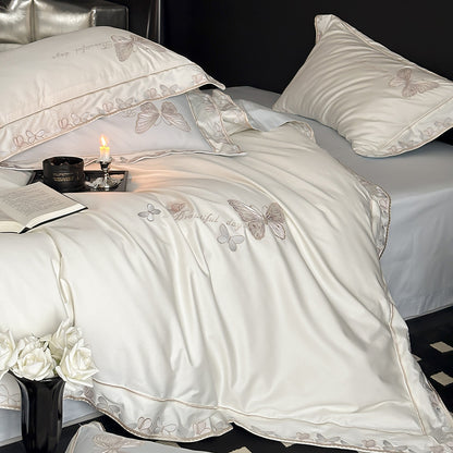 Satin-Gefühl Bestickte Schmetterling Bettbezug Bettwäsche Set
