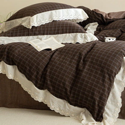 Bettwäsche-Set aus Flanell mit Karomuster, Wendebettbezug und Spitzenrand