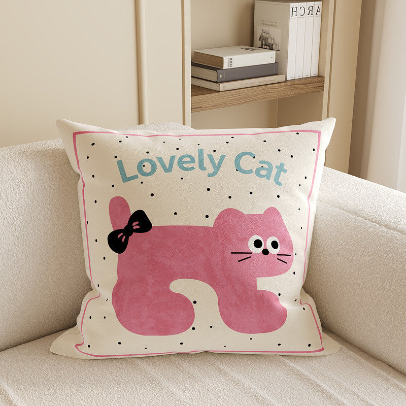 Square Decorative Throw Pillow Cover with Cute Cartoon Cat Illustration and Vertical Pink Stripe Linen-Blend