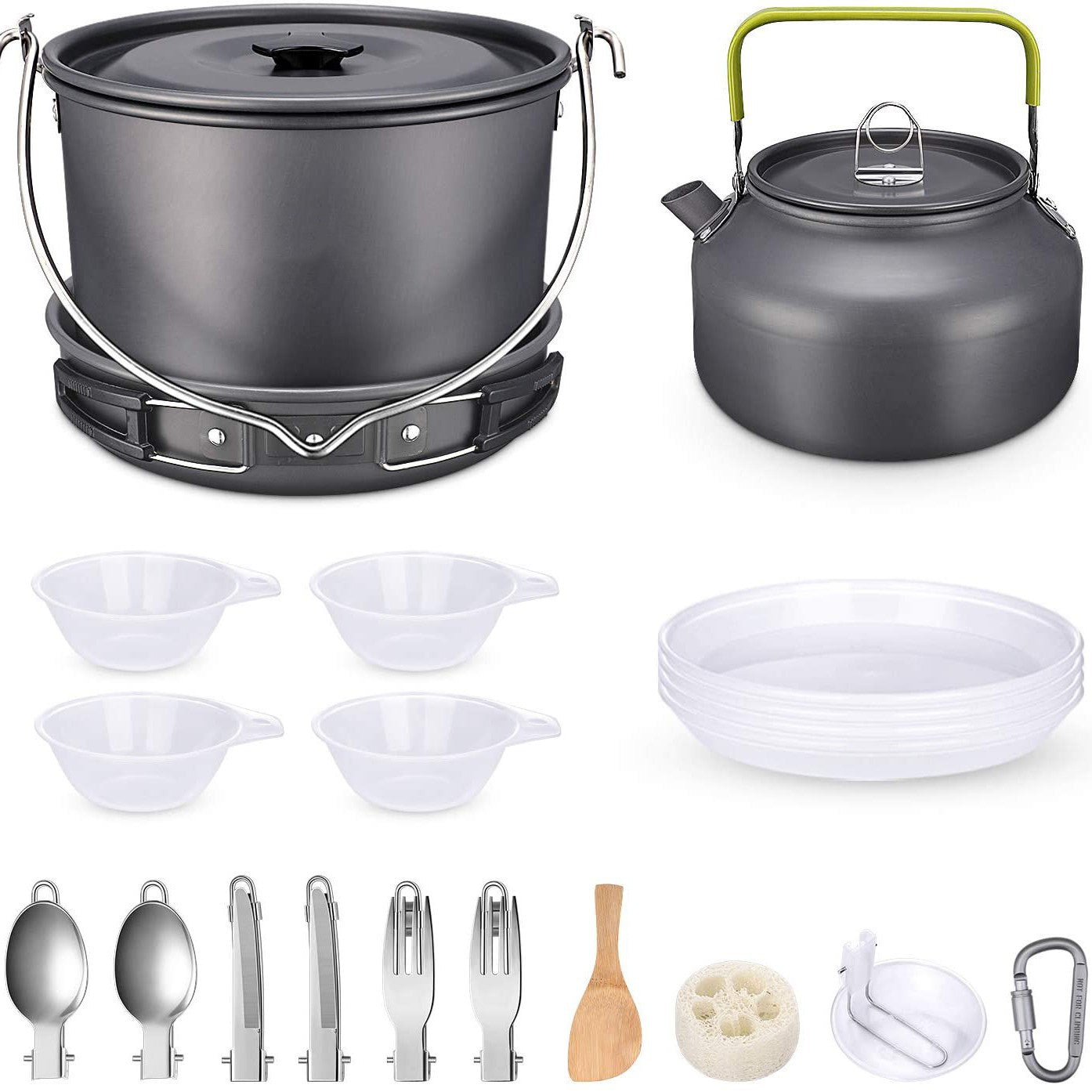 ultraleicht anodisiertes Aluminium Campinggeschirrset mit faltbarem Kessel, stapelbarem Topf und kompaktem Besteckset Brehn