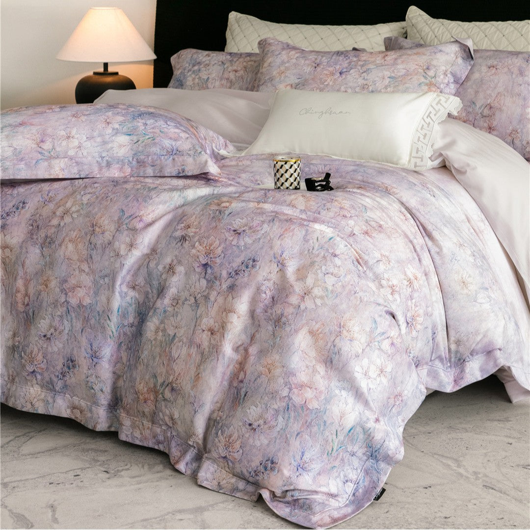 Luxus Aquarell Floral Gebürstet Mikrofaser Bettbezug Set mit Paspelbesatz