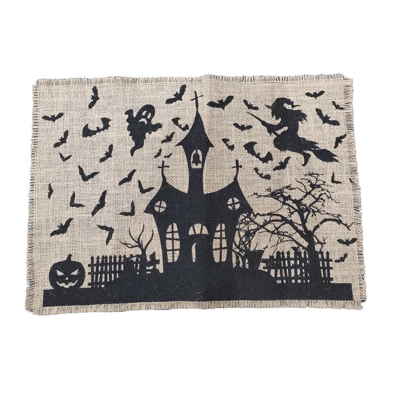 Jute-Tischläufer Halloween Spukhaus-Print mit Fransenrand