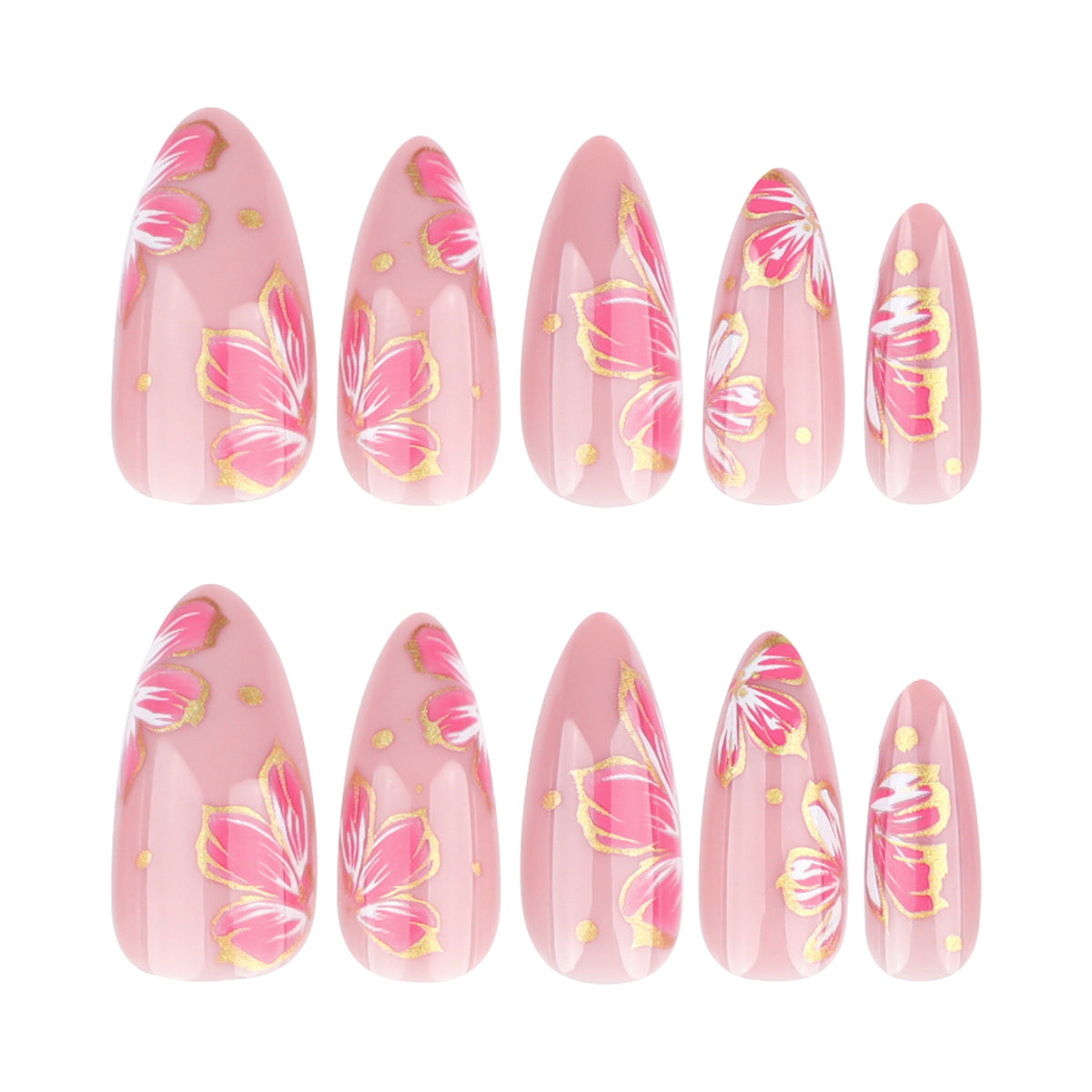 Kunstvolle Nagelkunst mit eleganten Blütenmotiven und Goldakzenten Brehn