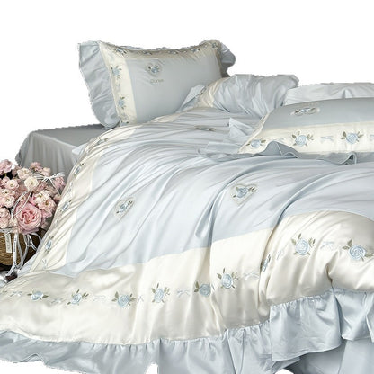 Romantische Bestickte Blumen Satin-Trimm Bettbezug & Rüschenshams Set