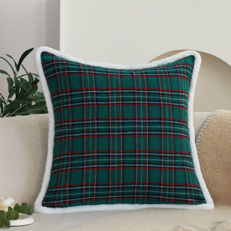 Quadratischer Kissenbezug mit kariertem Flanell und Sherpa‑Keder Brehn
