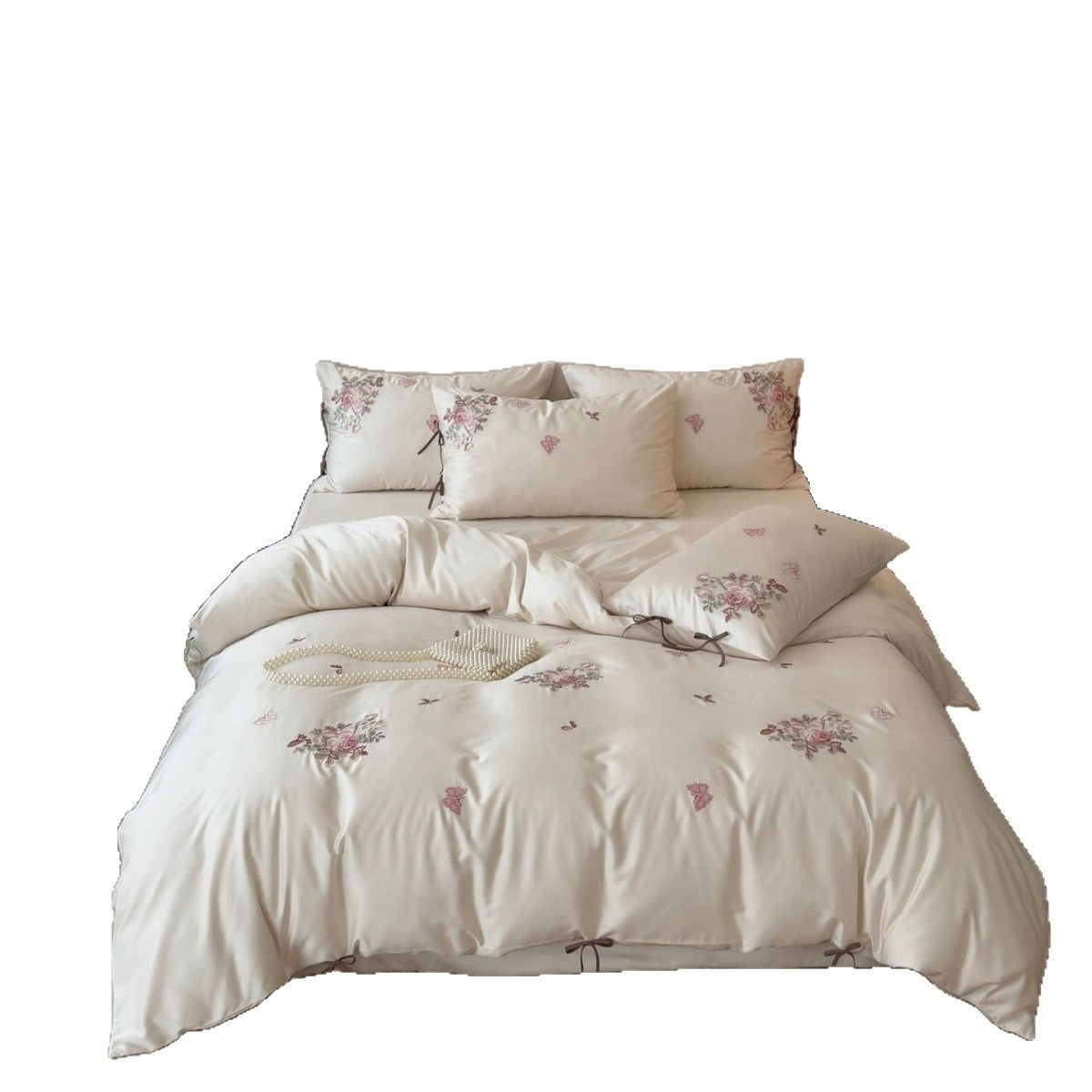 Feinsatin-Bettwäsche-Set mit floraler Stickerei, Bindebändern und feiner Steppstruktur Brehn