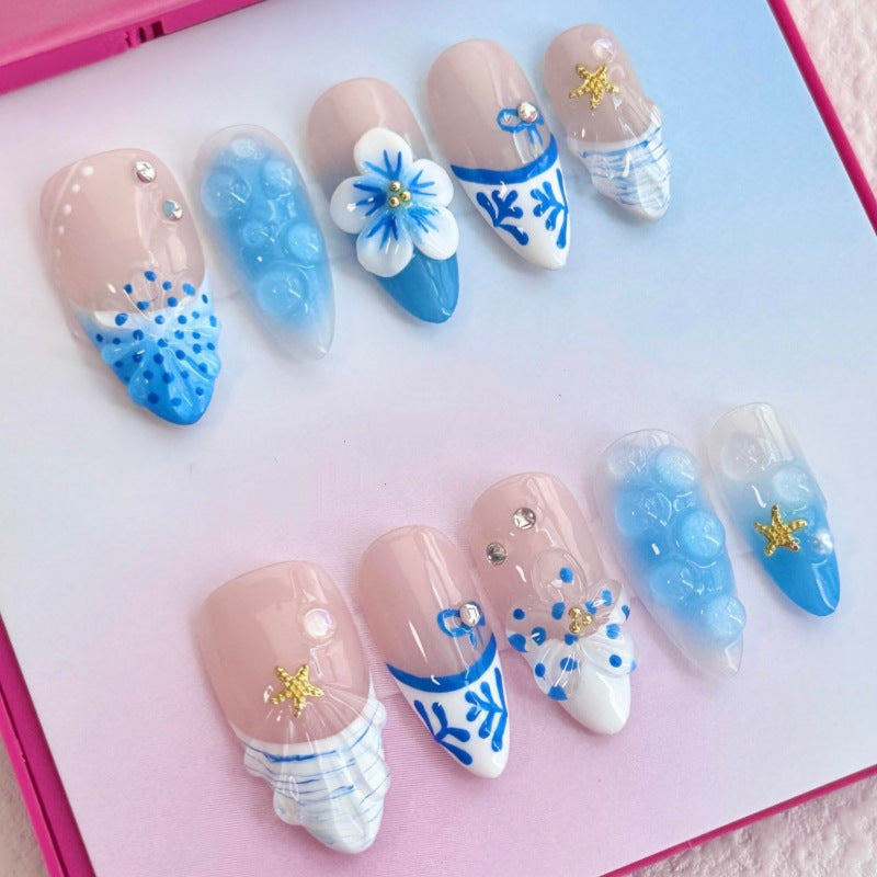 Künstlerisches Floral- und Stern-Applikationen Press-On Nagelset Brehn