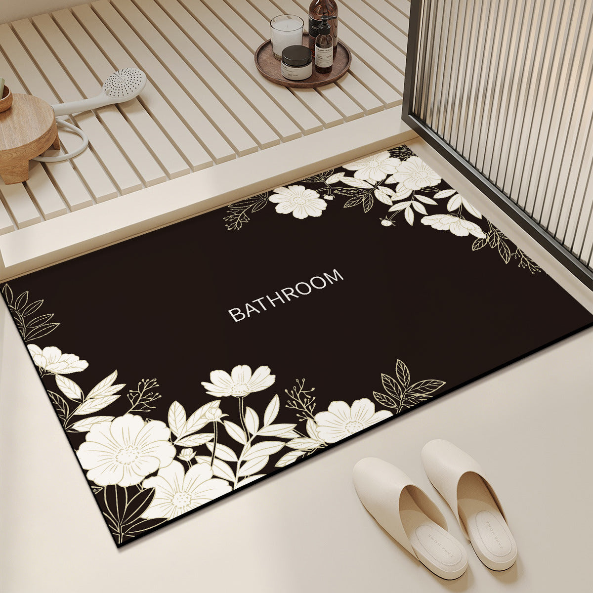 Absorbent Anti-Slip Bathroom Door Mat with Floral Corner Print and Quick-Dry Microfiber Surface