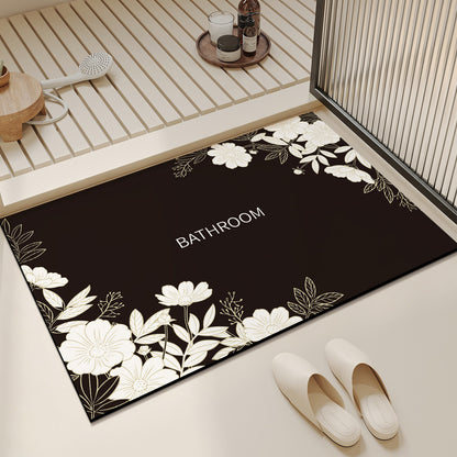 Absorbent Anti-Slip Bathroom Door Mat with Floral Corner Print and Quick-Dry Microfiber Surface
