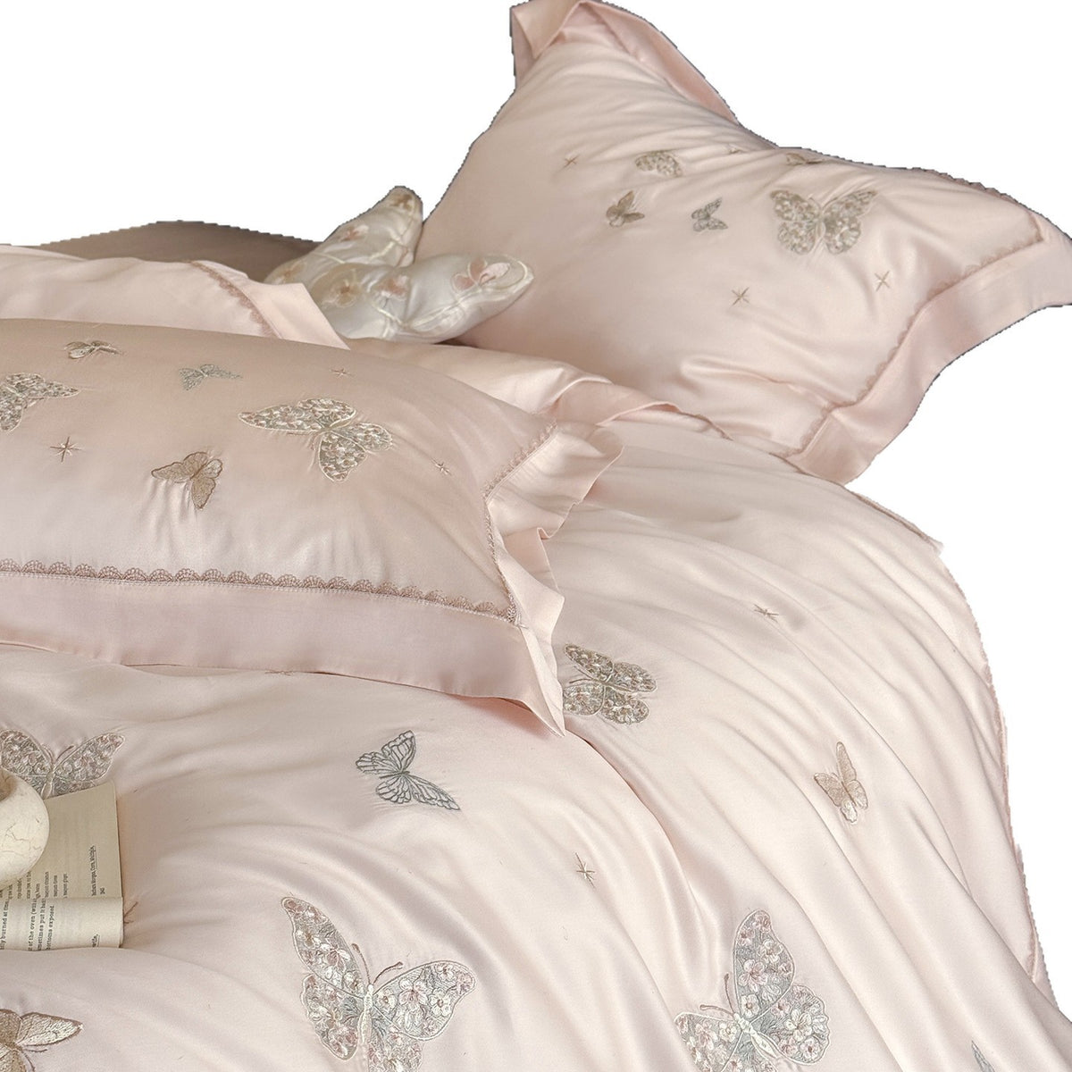 Bestickte Seiden-Optik Schmetterling Bettbezug Set