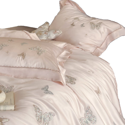 Bestickte Seiden-Optik Schmetterling Bettbezug Set