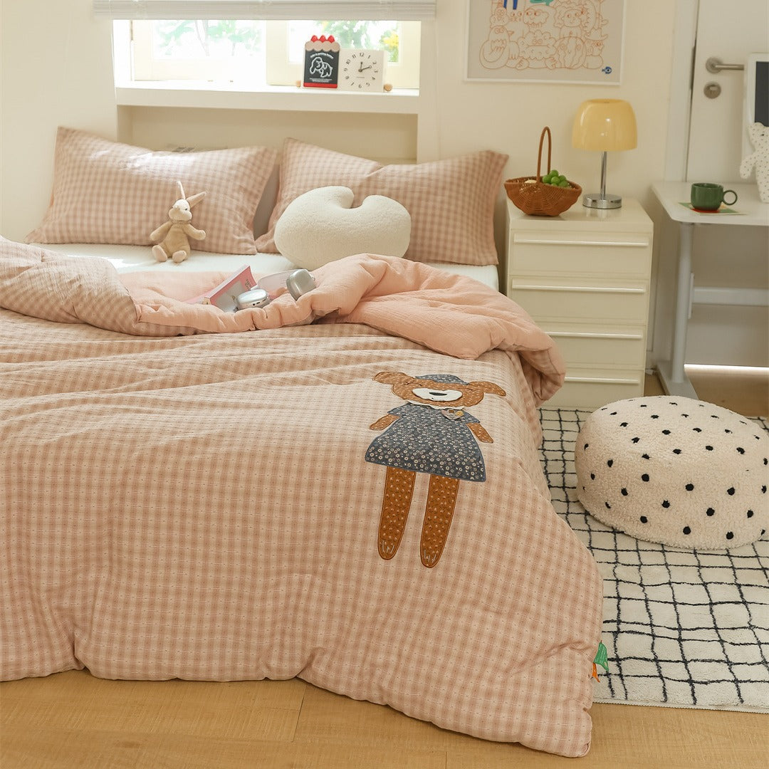 Kinder Stepp-Gingham Bettbezug Set mit Applikationsbär-Motiv