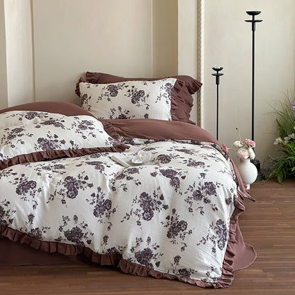 Bettwäsche-Set aus Baumwoll-Gauze mit romantischem Blumenprint und voluminösem Volant