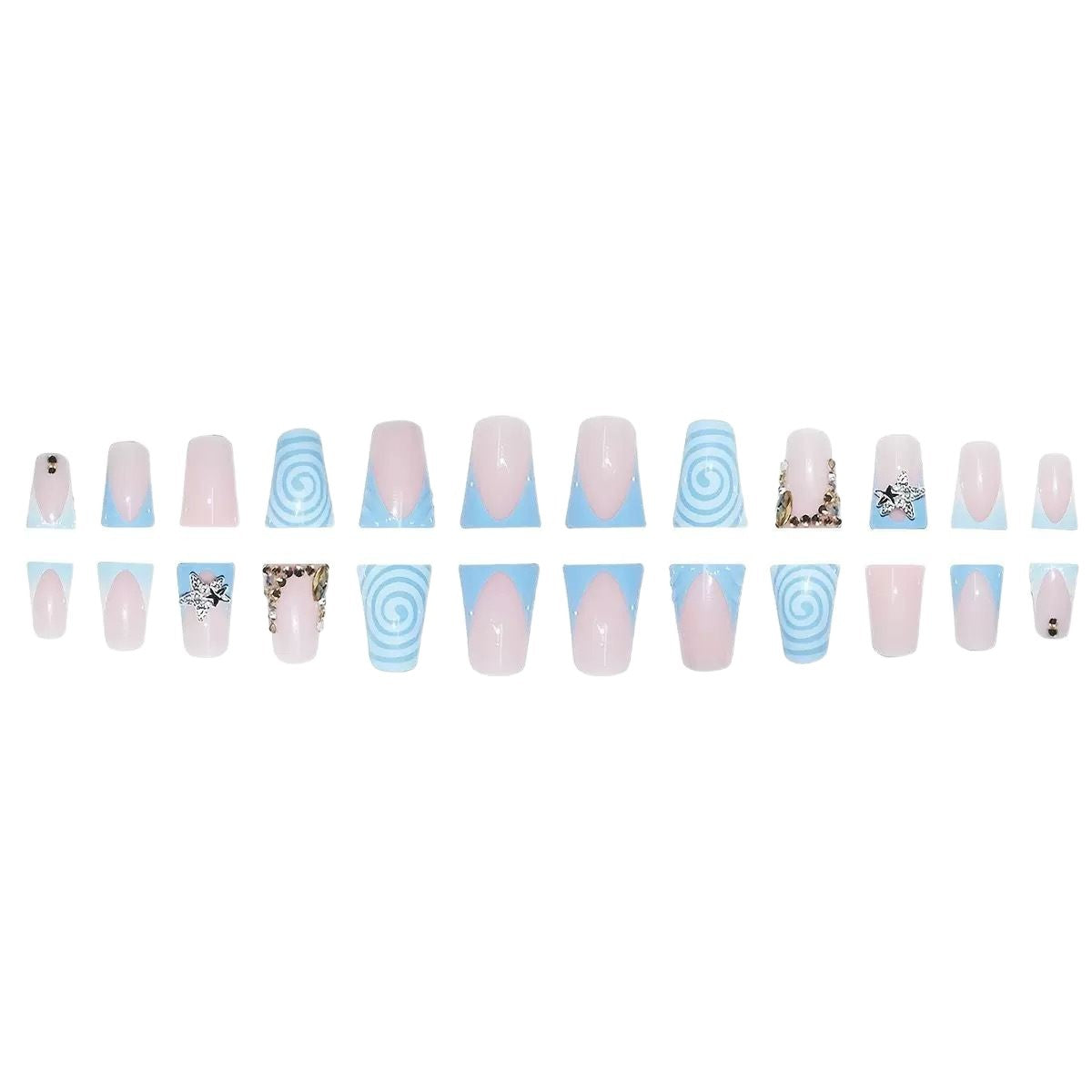 Künstlerisches Lange Press-On Nageldesign mit 3D Sternakzenten Brehn