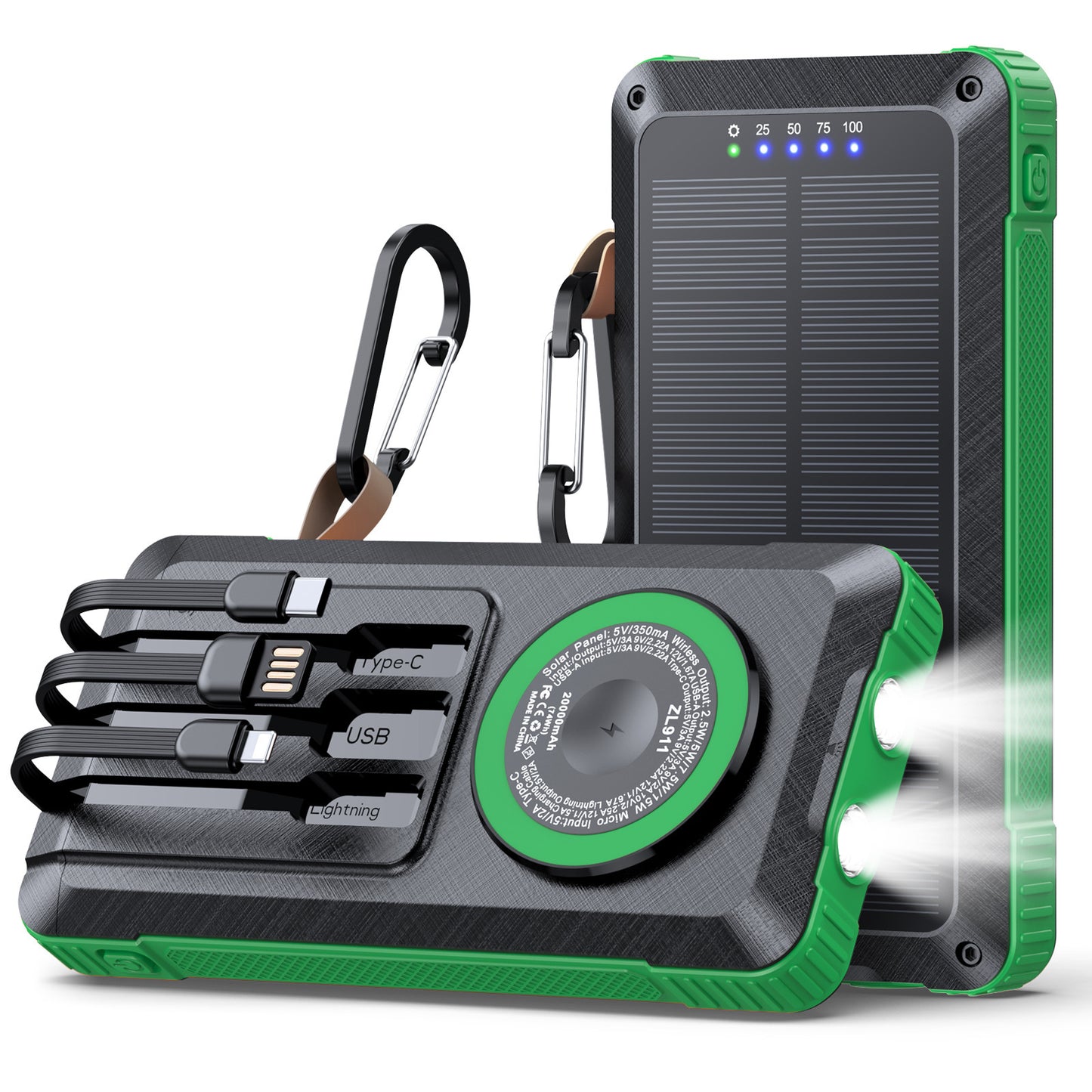 Solar Powerbank mit Multifunktionalem LED-Licht und Integriertem Ladekabel Brehn