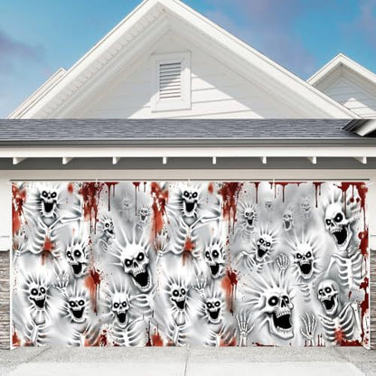Großformatiger Halloween-Fotohintergrund aus wetterfestem Polyester mit geöstem Befestigungsrand und leuchtendem Haunted-House-Motiv