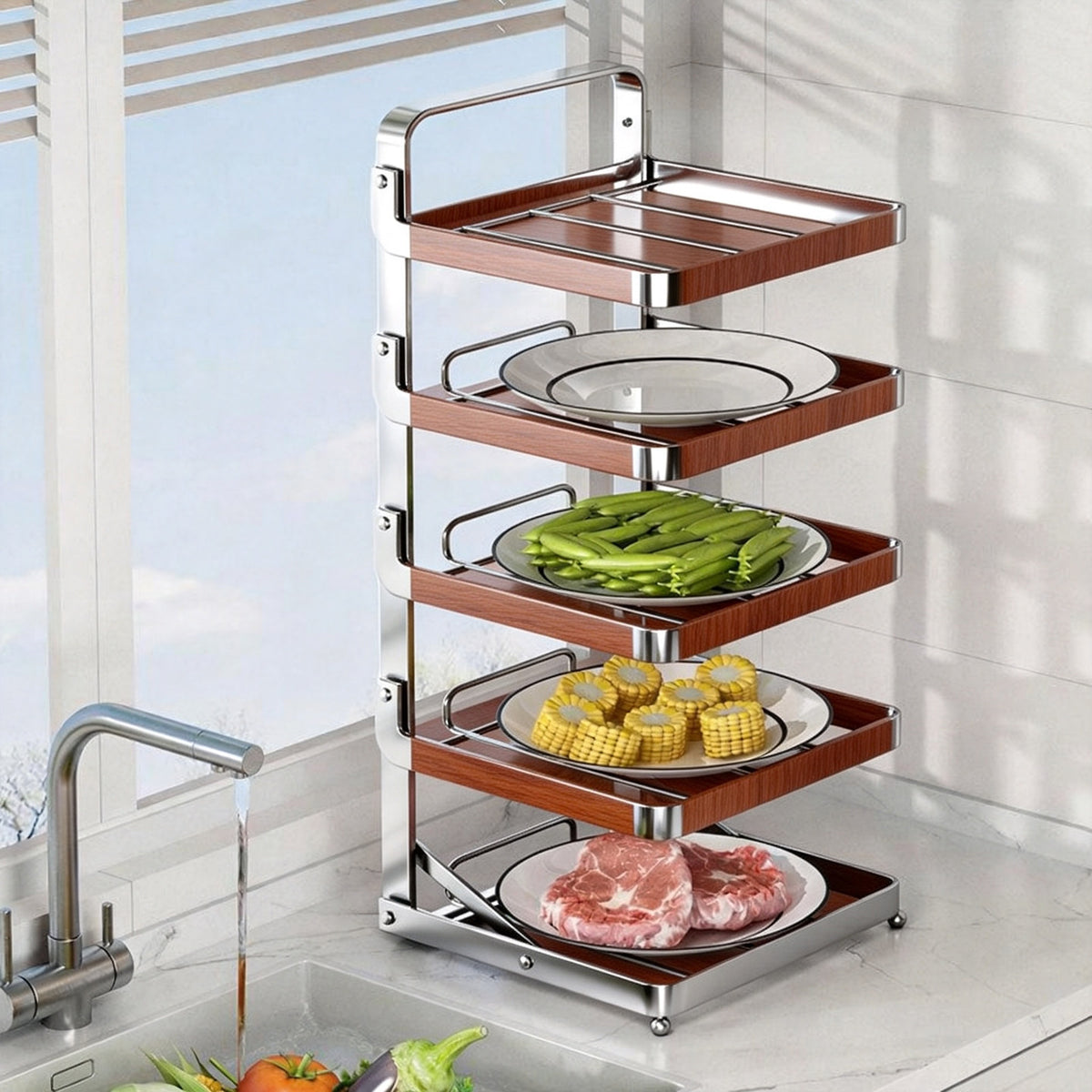 Multi-Tier Vertikaler Thekenregal für Schalen mit Tropfschale & Schrägboden-Design