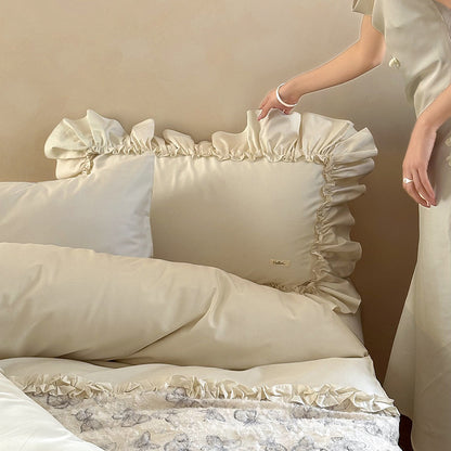 Hotel-Soft Rüschen Baumwoll-Satin Bettbezug Set mit gerafftem Bettschoner & Floral Matelassé Panel