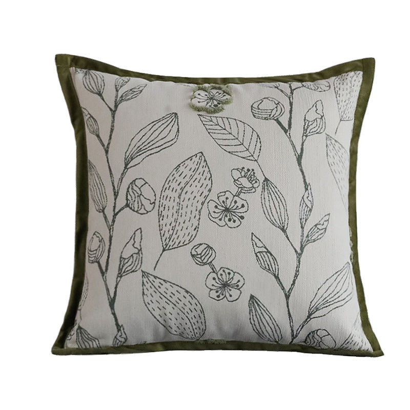 Quadratischer Zierkissenbezug mit botanischer Linienstickerei und samtiger Paspel Brehn