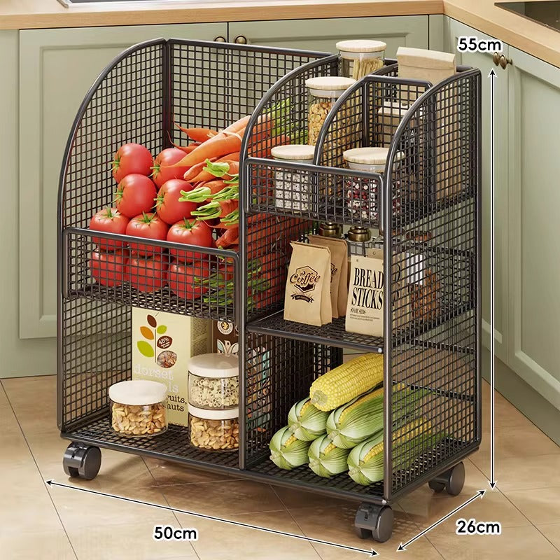 Modular belüfteter Mesh-Vorratstrolley mit geteilten Regalen und glatten arretierbaren Rollen