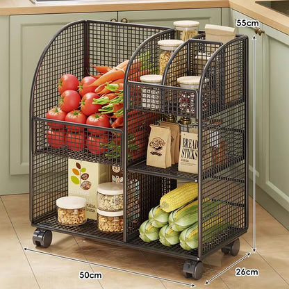 Modular belüfteter Mesh-Vorratstrolley mit geteilten Regalen und glatten arretierbaren Rollen