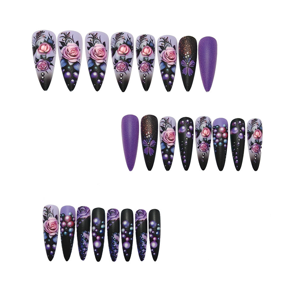 Elegante Kunstnägel mit erhabenem Blumen- und Perlen-Design Brehn