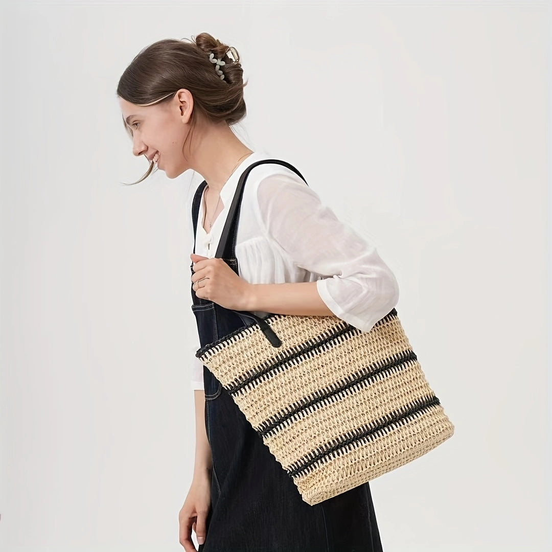 Elegante Raffia Einkaufstasche mit Ledergriffen Brehn