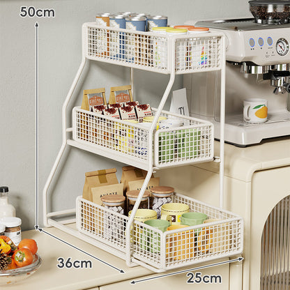 Dreiböckiger, schräger Metall-Mesh-Thekenregal-Organizer mit stapelbaren Drahtkörben