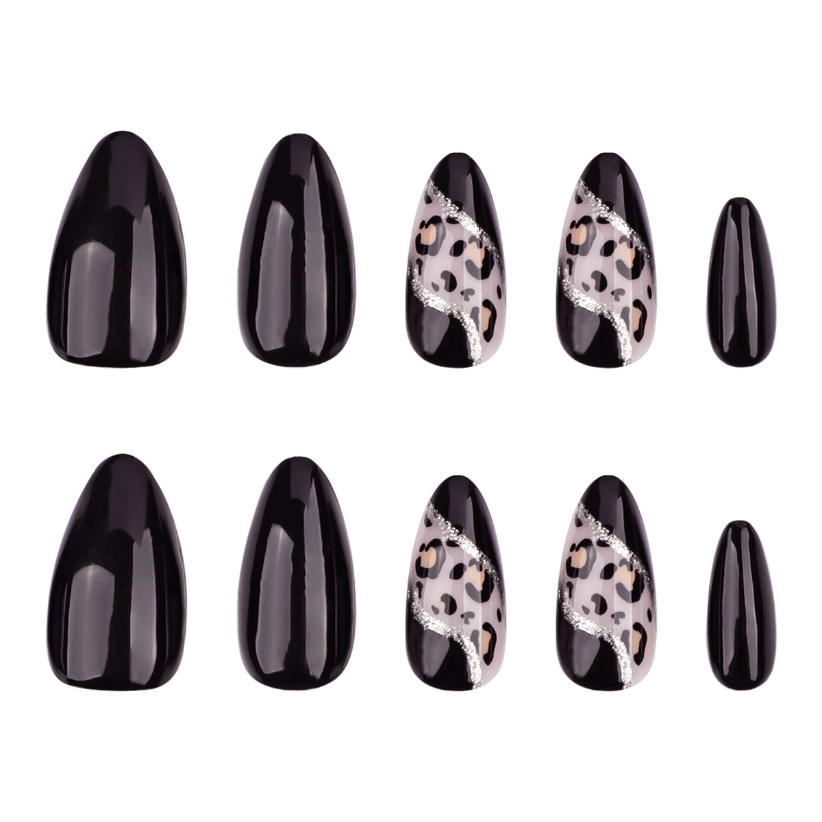 Kunstvolle Stiletto-Nägel mit leopardischem Design und Glitzereffekten Brehn