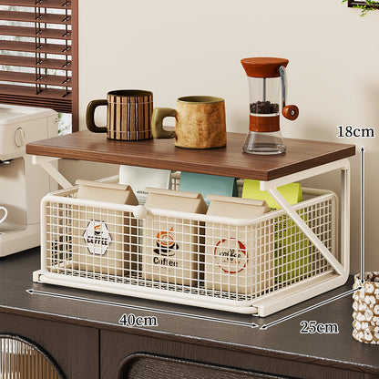 Küchenarbeitsplatte Kaffee Station Organizer mit Holzoberfläche und Metalldrahtkorb