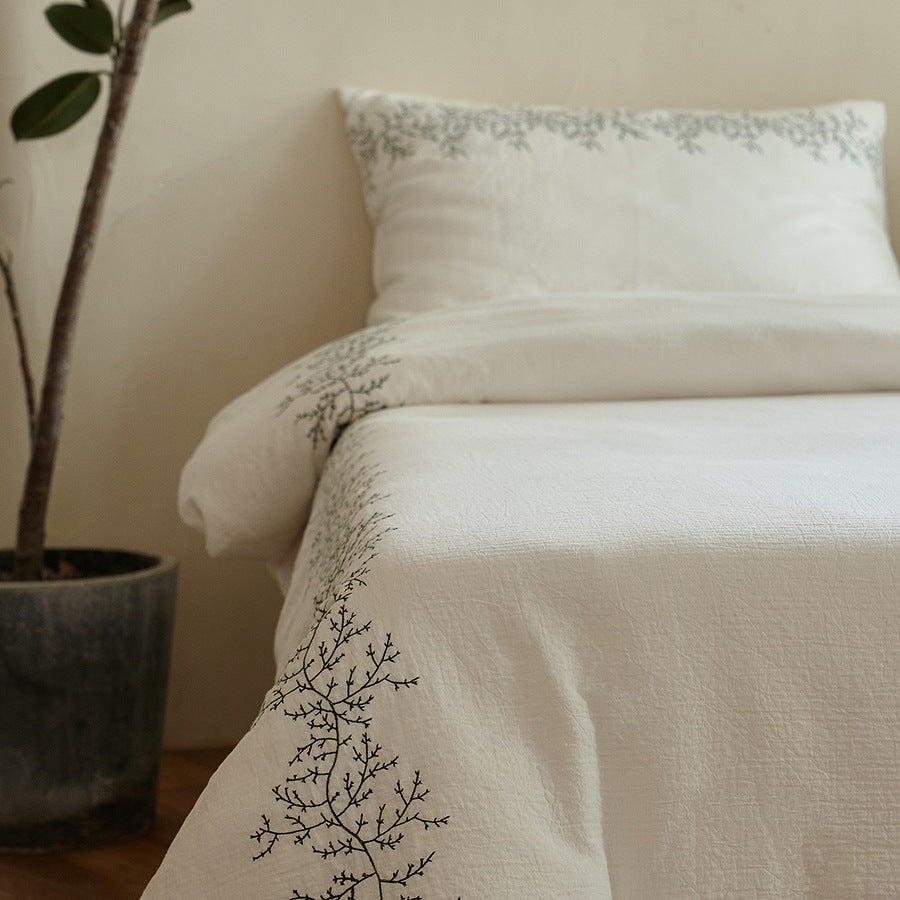 Bestickte Leinen-Baumwoll Bettbezug Set mit botanischem Rand