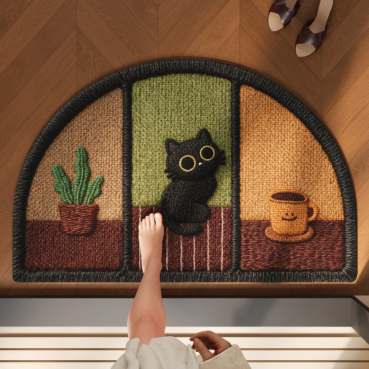 Half-Moon Embroidered Absorbent Non-Slip Entrance Doormat with Playful Cat & Coffee Motif