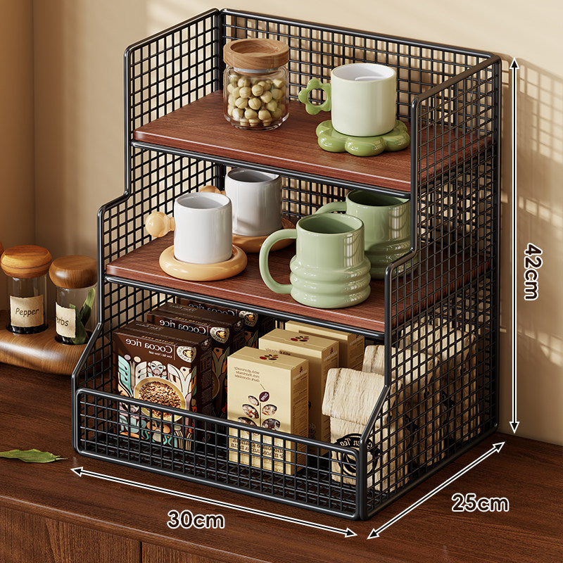 Drei-Tier-Theken-Drahtgeflecht-Regal-Organizer mit Bambusregalen