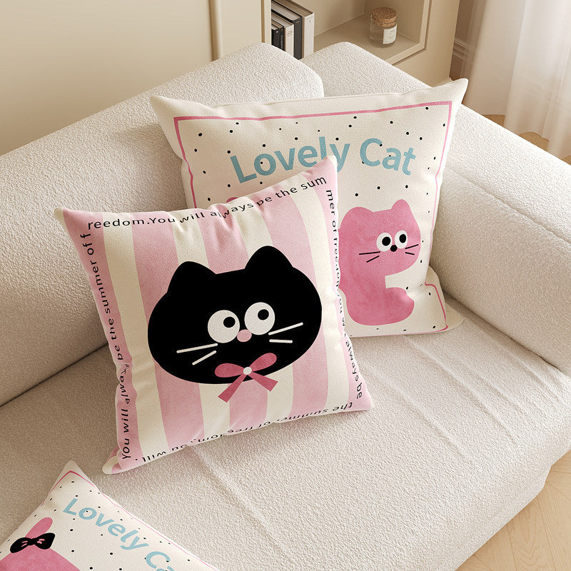 Square Decorative Throw Pillow Cover with Cute Cartoon Cat Illustration and Vertical Pink Stripe Linen-Blend