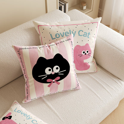 Square Decorative Throw Pillow Cover with Cute Cartoon Cat Illustration and Vertical Pink Stripe Linen-Blend