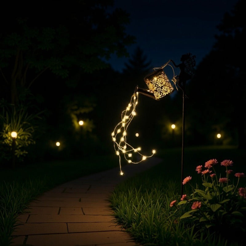 Dekorative Feen-Silhouette Gartenstecker mit LED Gießkanne Kaskadenlicht Brehn