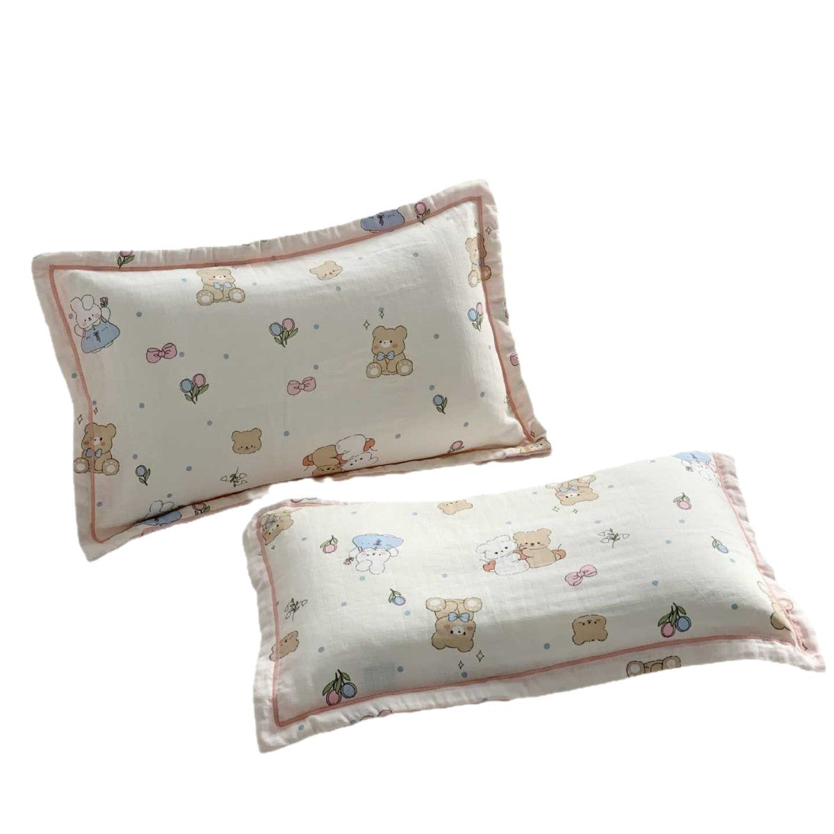 Baby Musselin Kissen Set mit Bärenmotiv & weichem Gaze-Rüschensamt