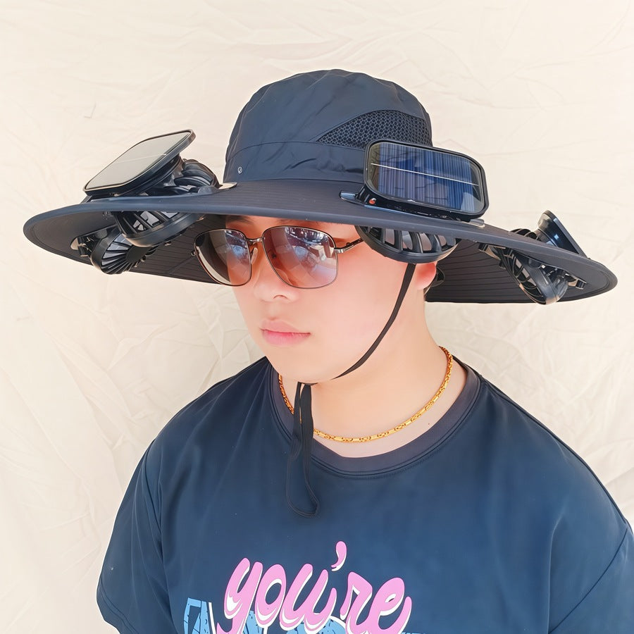 Breite Sonnenhut mit abnehmbaren schwenkbaren Solarventilatoren und verstellbarem Kinnband Brehn