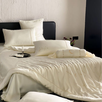 Luxuriöses Seidenglänzendes Mondphasen Besticktes Bettwäsche Set mit Bolster und Kissenbezügen