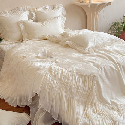 Luxe Falten Voile & Jacquard Rüschenduvet Ensemble mit Volant Euro Kissenbezügen