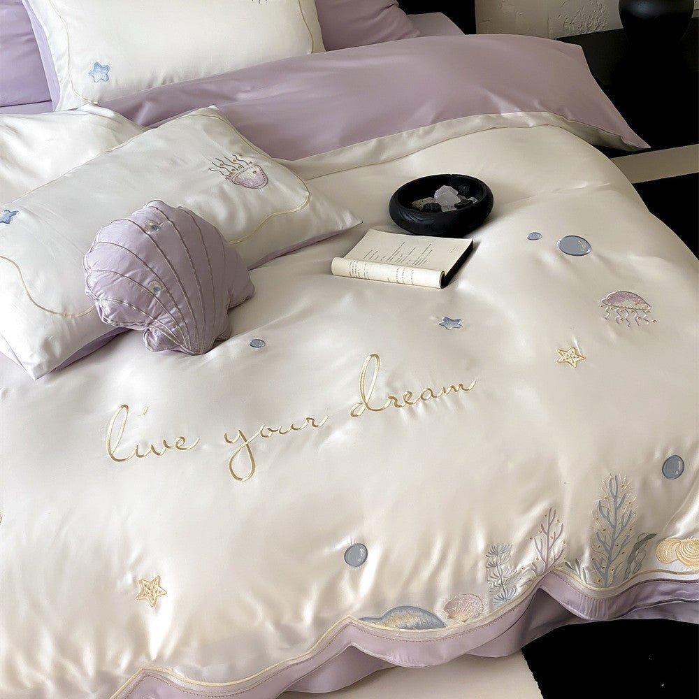 Bestickte Satin-Feeling Ozean-Motiv Bettbezug Set