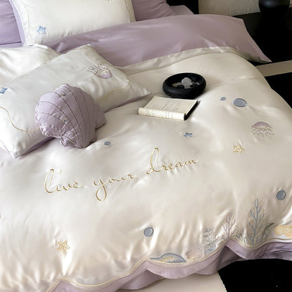 Bestickte Satin-Feeling Ozean-Motiv Bettbezug Set